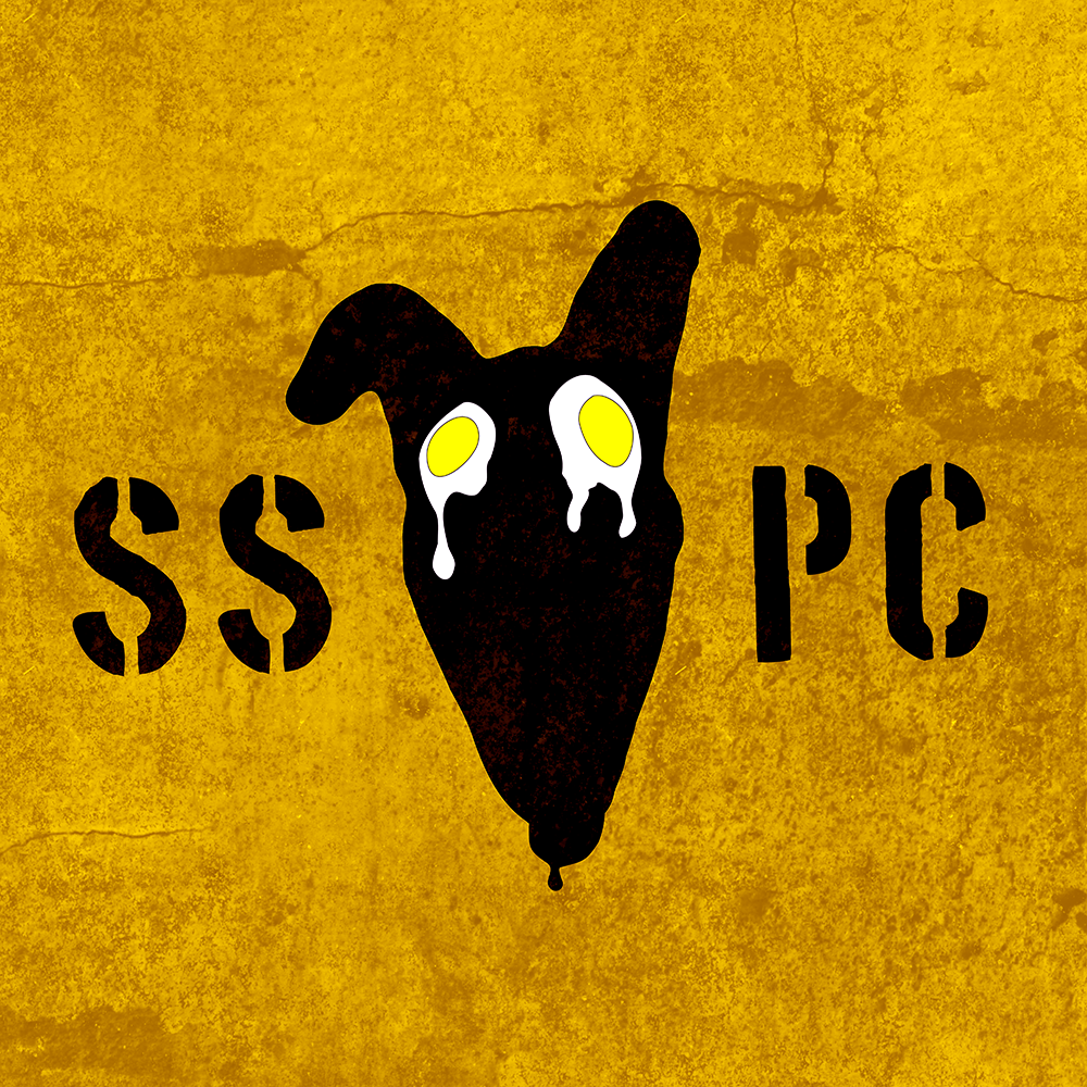 Sunny Side Pup Club logo with SSPC and the black silhouette with sunny side up eggs for eyes on a grungy yellow background.